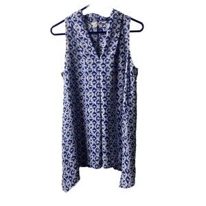 Spease Top Womens Large Blue White V Neck Floral Sleeveless Kercheif Hem Blouse